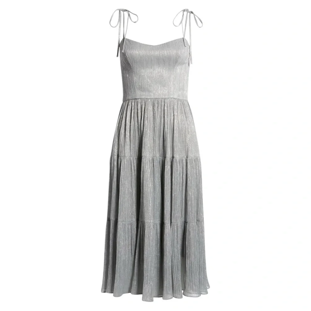 NWT Dress The Population Dream Metallic Tiered Midi Dress Size S Dove Multi - Picture 3 of 13